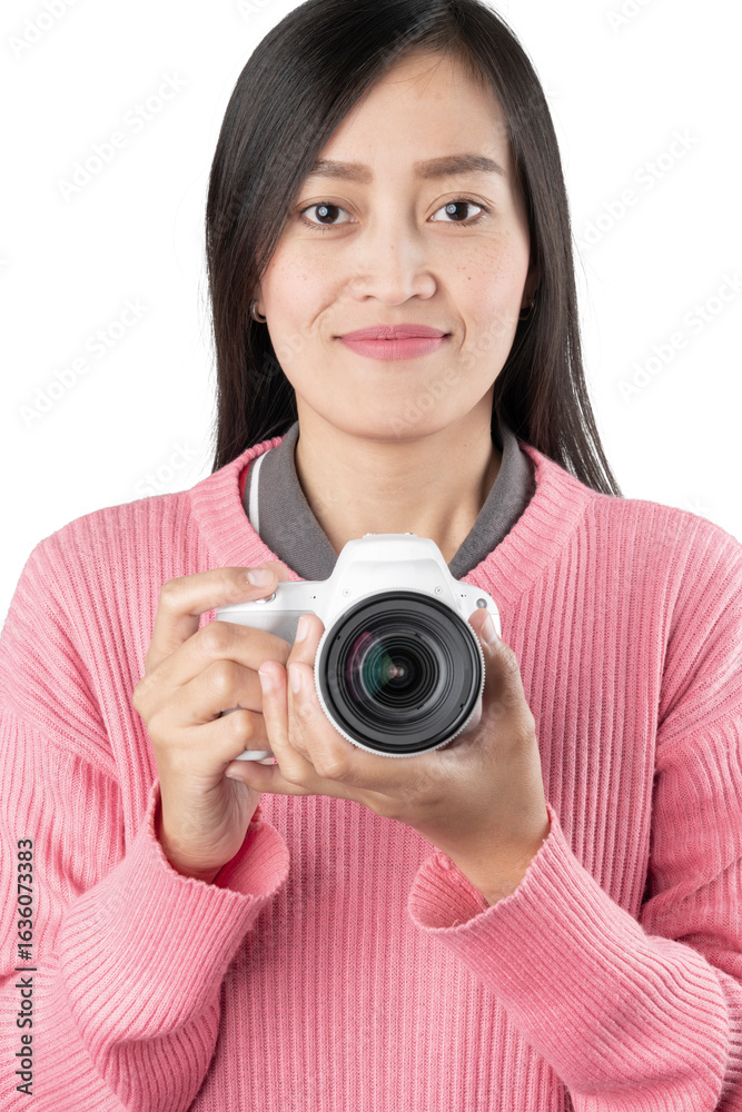 Fototapeta premium Woman Holding White DSLR Camera Close-Up (Isolated)