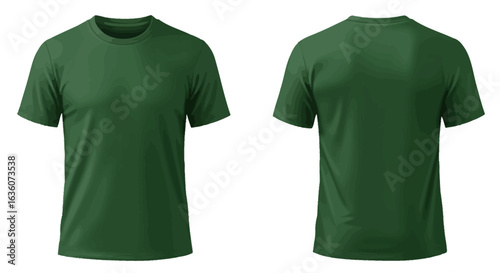 Blank dark green t-shirt mockup, front and back view. Isolated on white background for custom design and apparel branding.