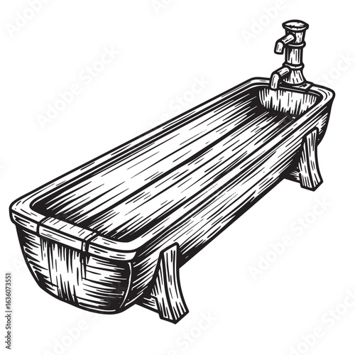 Vintage engraved illustration of a bathtub with a tap in a retro woodcut style