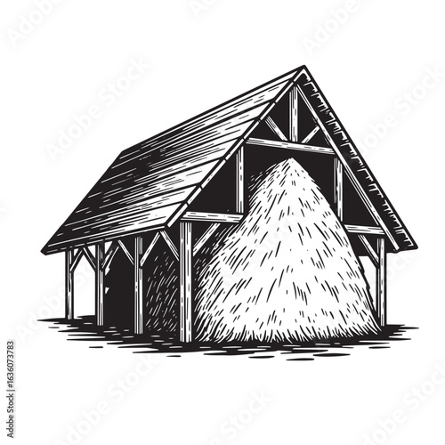 Vintage engraved illustration of a rustic barn filled with harvested hay in a farm setting