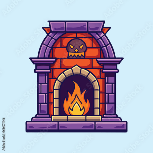 Cartoon Halloween Brick Fireplace with Skull Decoration and Burning Flames Vector Illustration