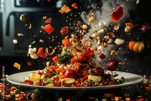A plate of food with ingredients flying in the air