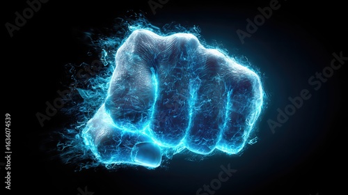 A glowing blue fist emerges from the darkness, radiating energy and strength against a black background.
