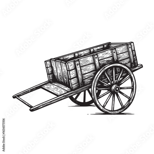 Vintage hand drawn illustration of a wooden cart with spoked wheels and detailed woodgrain