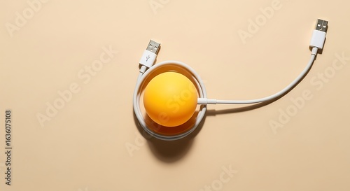 Modern charging concept featuring a yellow ball being charged by a USB cable