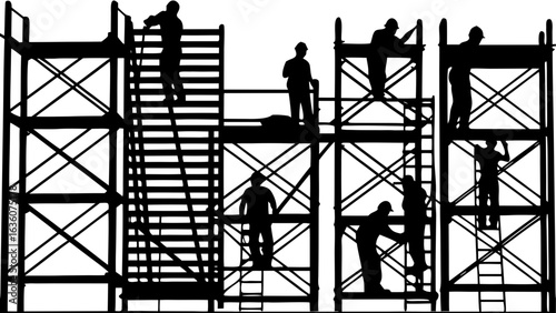 Construction Workers on Scaffolding Silhouettes