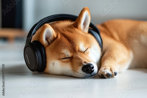 Shiba inu dog sleeping with black headphones on floor