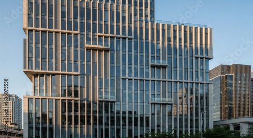 A modern high-rise building with a complex geometric facade of glass and vertical fins in an urban setting.