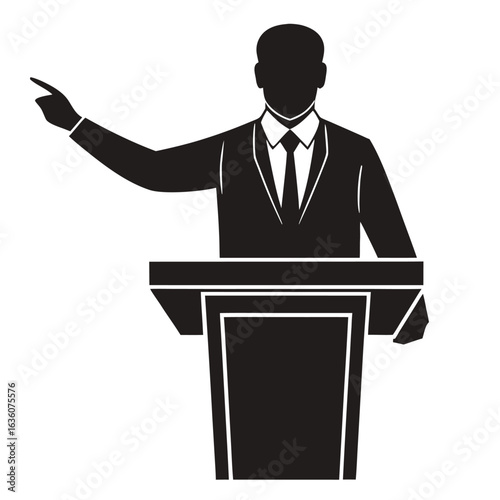 Illustrated cartoon businessman in a suit pointing at his team on a stage, a symbol of company success