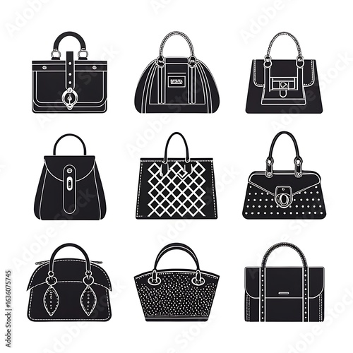 Collection of nine different handbags isolated on white background