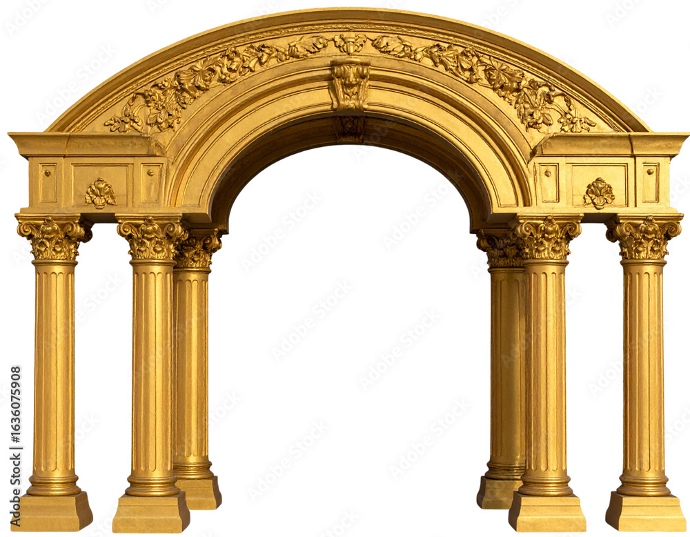 Obraz premium Classical Style Golden Arch with Corinthian Columns, isolated on a transparent background 
