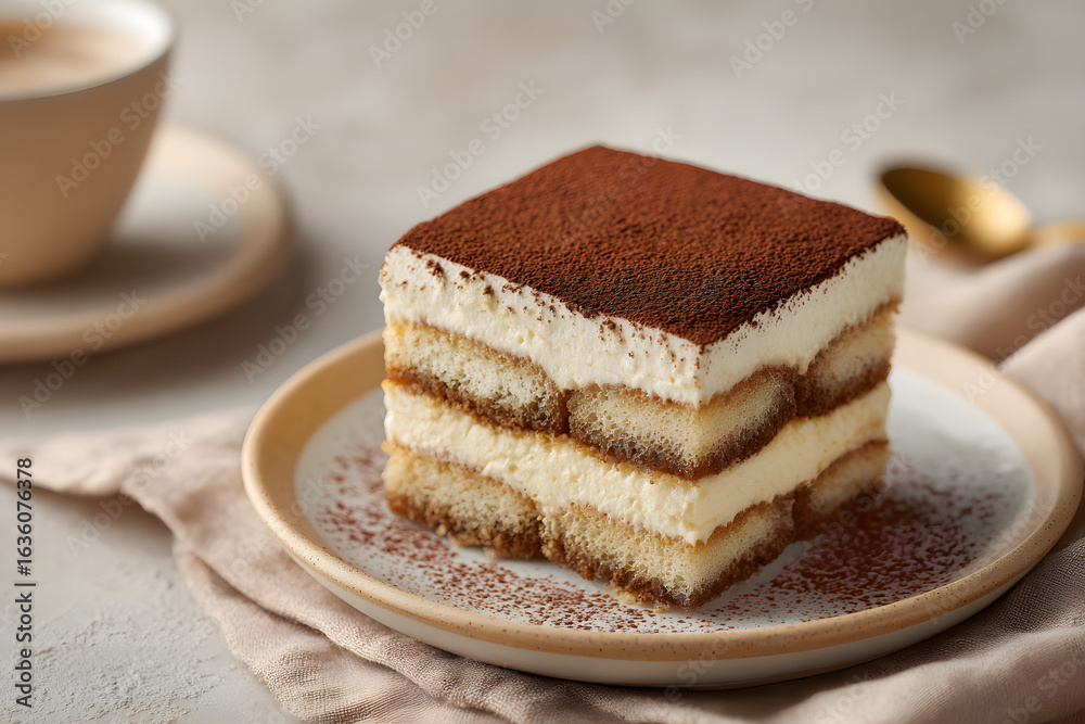 Close-up of a tiramisu slice dusted with cocoa powder on a plate in a warm studio setting Close-up of a tiramisu slice dusted with cocoa powder on a plate in a warm studio setting