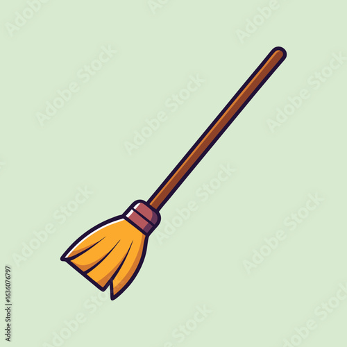 Cartoon broom illustration on light green background cleaning and housework