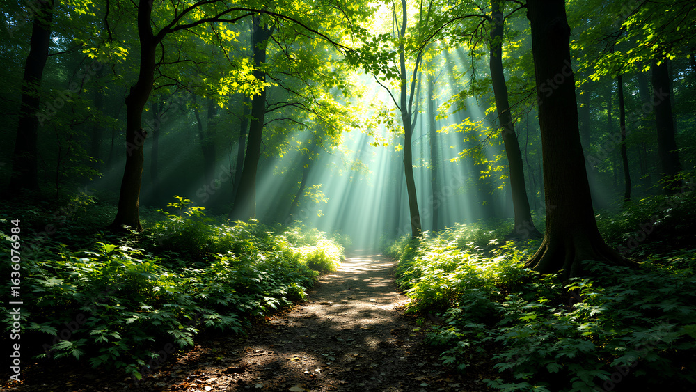 Fototapeta premium Sunbeams flooding forest path with vibrant light and deep shadows