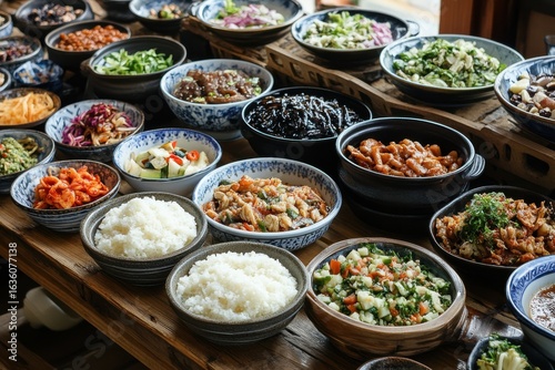 Assorted dishes in bowls on a wooden surface view