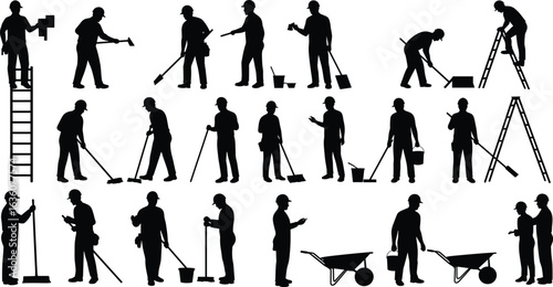 Construction workers silhouettes performing various tasks with tools, ladders, wheelbarrows, teamwork, building site labor, industrial work, maintenance, repair, occupational safety