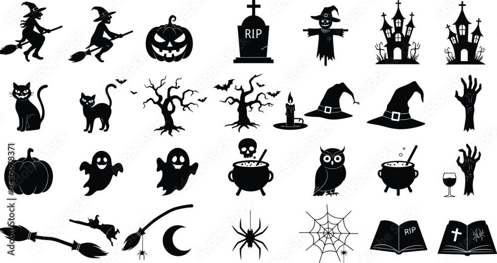 Halloween icons collection, spooky silhouette clipart, witches, pumpkins, haunted houses, black cats, ghosts, bats, spider webs, cauldron, cemetery, scary trees, graveyard