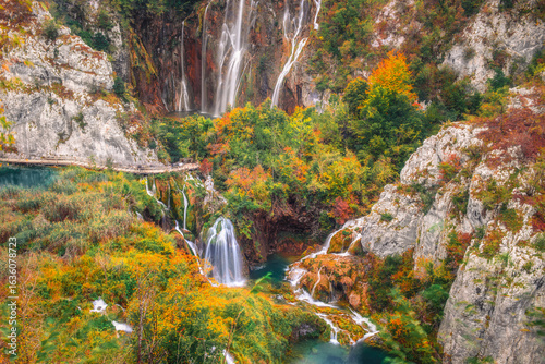 Amazing turquoise water in Plitvice Lakes National Park, Croatia. World heritage site. autumn landscape