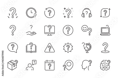 Question line icon set. Ask, question mark, quiz, issue, matter, etc. Symbols for infographic, apps, business. Vector illustration. Editable stroke. Flat design.