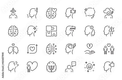 Psychology icon set. Brain, positive thinking, analysis, adhd, panic attack, depression, brainstorm, love, relationship, mental health, optimism, dementia, etc. Vector illustration. Editable stroke.