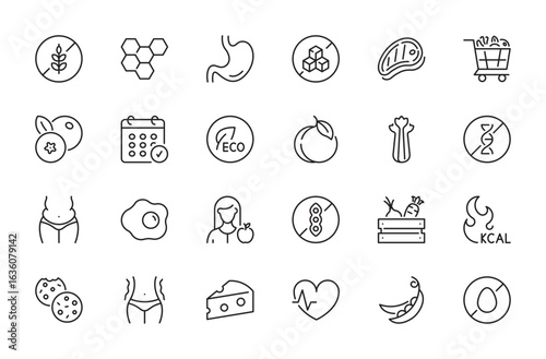 Nutrition icon set. Gluten free, sugar free, meat, fit, blueberry, meal schedule, eco products, adiposity, fried egg, nutritionist, lactose free, calories, etc. Vector illustration. Editable stroke.