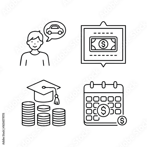 Illustration showing a man dreaming of a car, money, education savings, and payment schedule icons