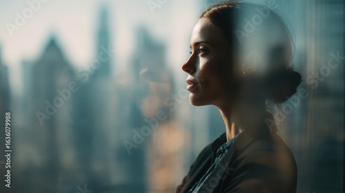 Pensive businesswoman contemplates urban landscape through office window, reflecting on opportunities and challenges in modern business world
