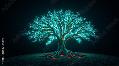Glowing teal tree of life with bioluminescent colors and natural light effects
