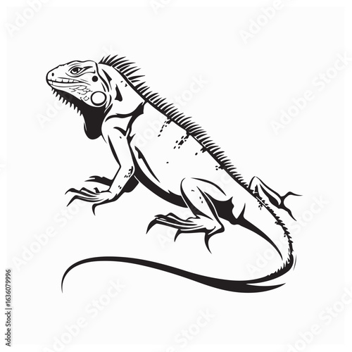 Minimal Line Vector of Walking Iguana in Realistic Reptile Style