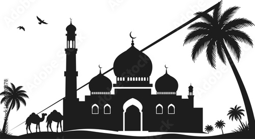 Islamic mosque silhouette with palm trees, camels, desert scene, flying birds, Arabian architecture, sunset background, Muslim culture, faith, spirituality, travel