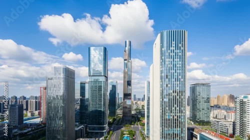Aerial View of Modern City Skyline with Towering Skyscrapers and Lush Greenery — 4K HD Video Footage Download, Contemporary Architecture, Vibrant Urban Landscape