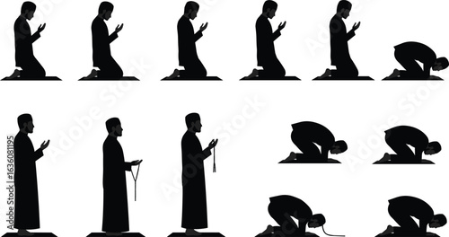 Muslim man performing prayer and supplication, Islamic worship positions, salah, dua, sujood, religious devotion, spirituality, faith, worship, 