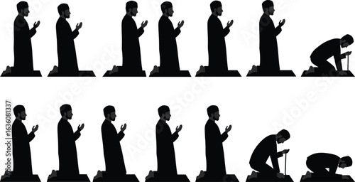 Muslim man performing Islamic prayer with tasbih, step-by-step worship poses, dua and sujood, spiritual devotion illustration silhouette art