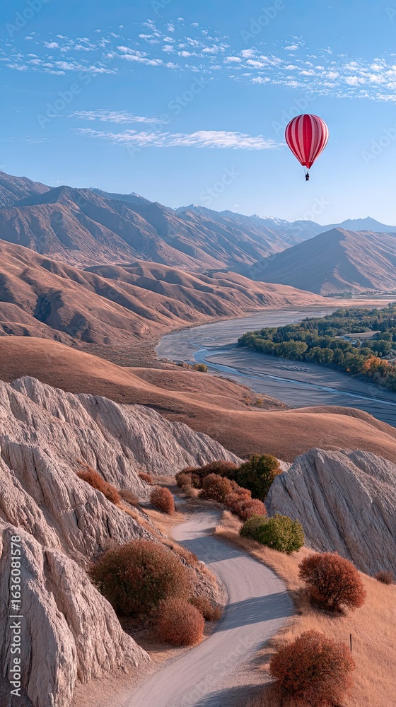 Fototapeta premium Red Hot Air Balloon Soaring Over a Mountain Valley