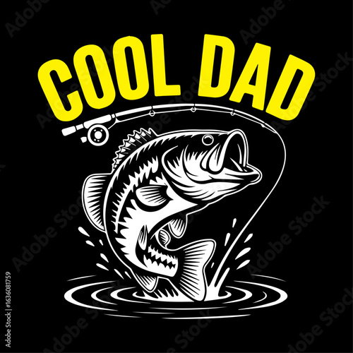 Playful 'Cool Dad' fishing design featuring a proud father with his catch. Perfect for Father's Day gifts, angler merch And dad humor apparel. Includes EPS files