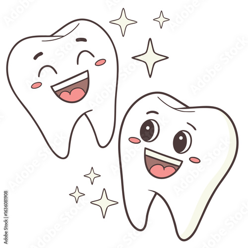 Cartoon Teeth Celebrating Dental Hygiene with Sparkling Stars Cheerful depiction of healthy teeth and cleanliness for well being
