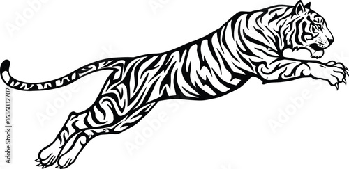 Leaping tiger silhouette, wild predator big cat, black and white vector illustration, fierce jungle animal graphic, hunting wildlife design, powerful feline art