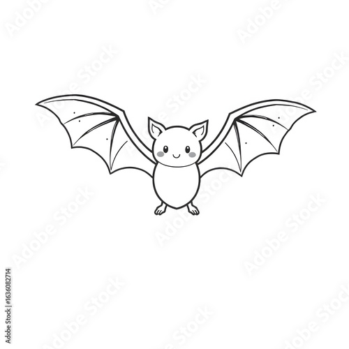 A funny cartoon drawing of a cute bat flying with smile on face, white background for halloween decoration
