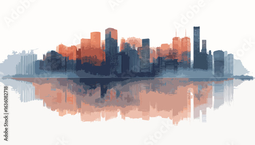 A city skyline with orange and blue buildings reflected in the water. The city appears to be in the middle of a foggy day