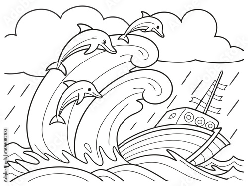 Dolphins jumping over waves near a sinking ship coloring page