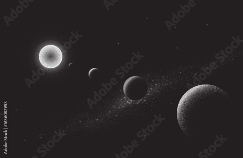 Vector illustration of a parade of planets in open space. Multiple planets are shown in a straight line. Perfect for astronomy, science, education, and space-themed design projects. Made by dots