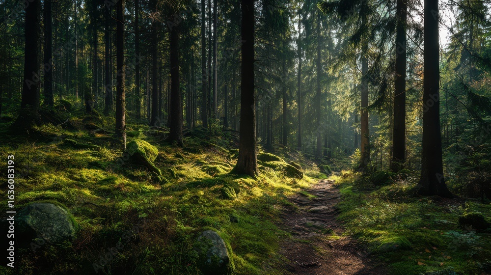 Fototapeta premium Beautiful forest landscape with path and trees in green mossy vegetation, sunlight rays through the dense canopy