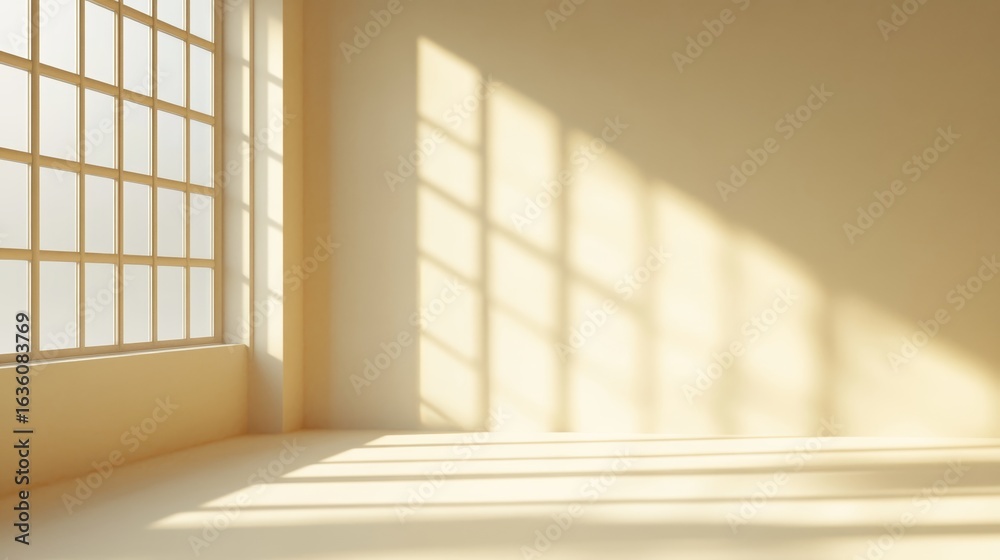 Fototapeta premium Serene Minimalistic Room Design Showcasing Playful Light and Shadow Interactions for Relaxation