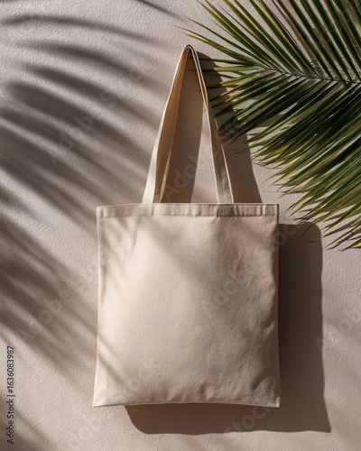Minimalist flat lay shot of a plain canvas tote bag on a neutral background.