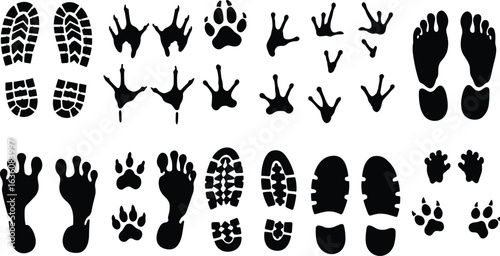 Shoe prints, barefoot tracks, animal paw marks, bird footprints, vector silhouette icons, wildlife tracking symbols, hiking boot sole pattern, pet trail design