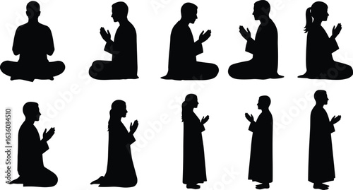 Silhouette of men and women praying in various positions, Islamic prayer postures, meditation, spiritual worship, religious devotion, black vector illustration