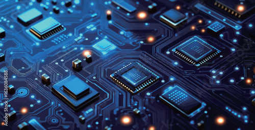 A blue computer chip with many small blue squares. The squares are connected to each other and are all blue