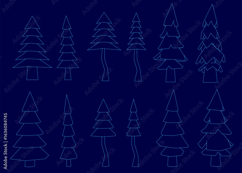 Obraz premium A set of festive Christmas trees in low poly style with white contours stands out against a deep blue background. The fir trees vary in shapes and sizes, creating a cheerful holiday atmosphere.