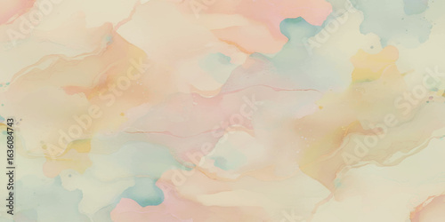 Abstract soft water color background with light pink, peach, yellow, and pale blue, with gentle gradients and fluid brushstrokes creating a dreamy, ethereal effect.