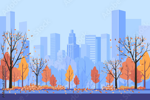 Autumn city park with beautiful trees and fallen leaves against the background of buildings and skyscrapers of a modern city. Vector illustration of an autumn city. Autumn in the city.